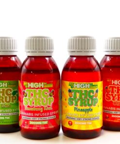 Bottles of THC syrup formulation with cannabinoid labeling for licensed pharmaceutical use